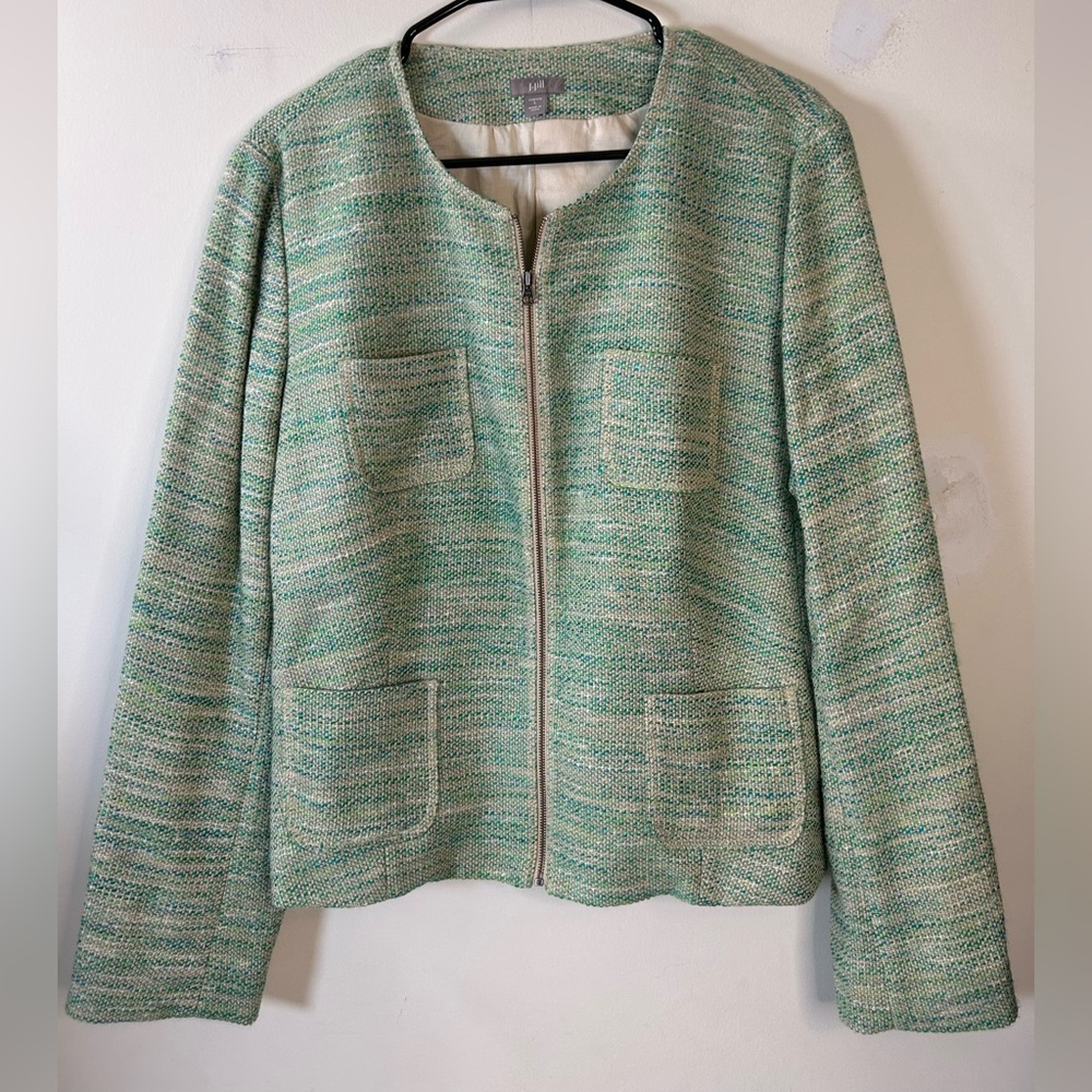 J. Jill‎ Zip Up Light Green Tweed Blazer Jacket Womens Size Large Stretch
